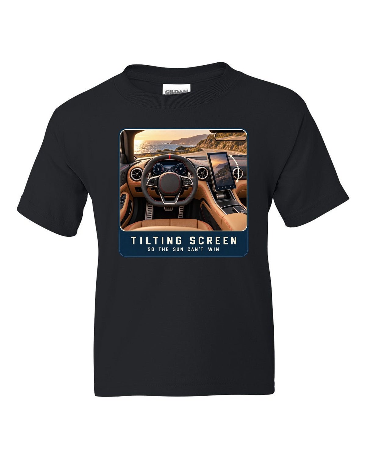 Mercedes-AMG SL63 R232 cockpit driver view with tilting central screen print black kids tee front view with the design