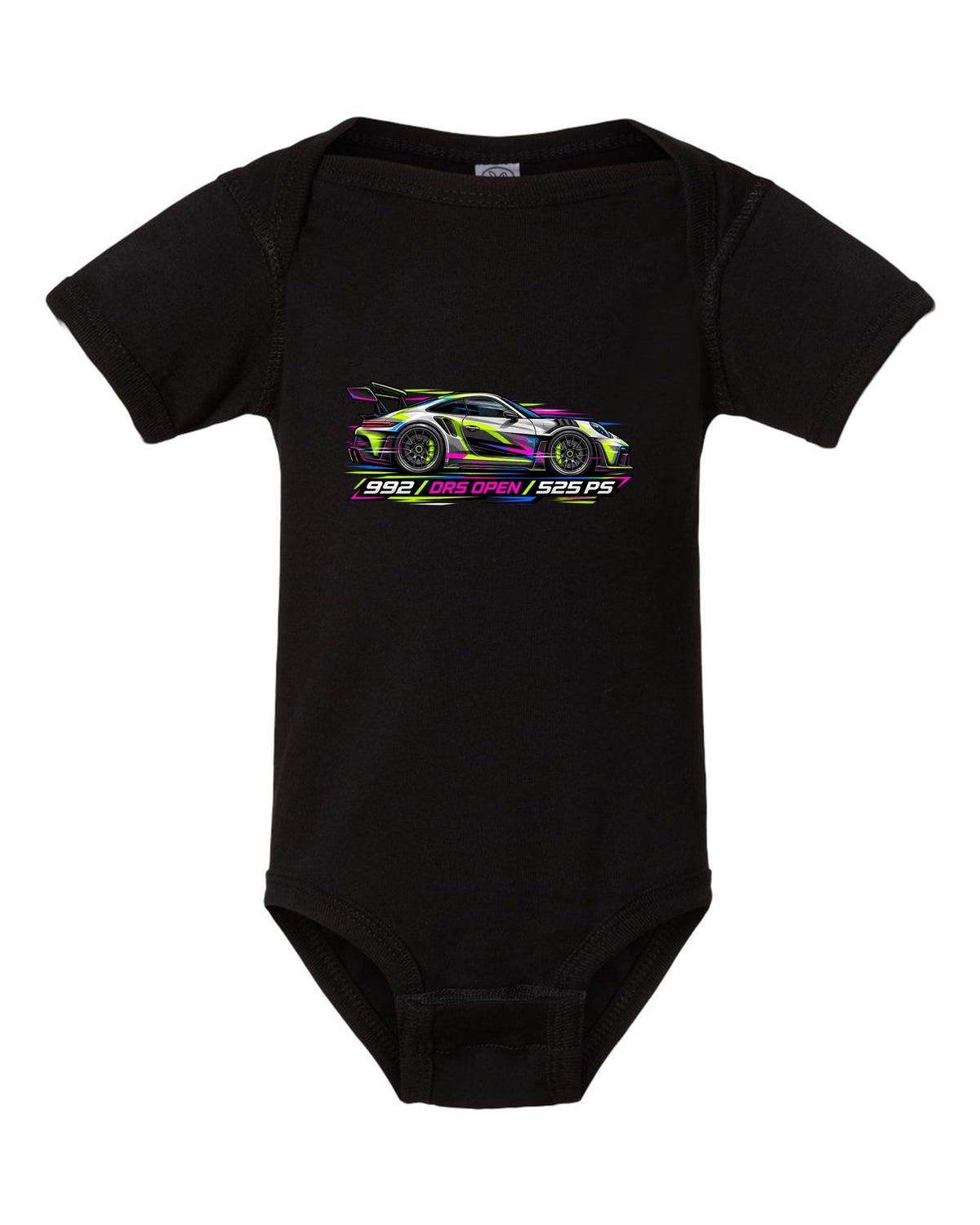 Cyberpunk neon vector artwork of a Porsche 911 GT3 RS 992 with DRS open black baby onesie front view with the design