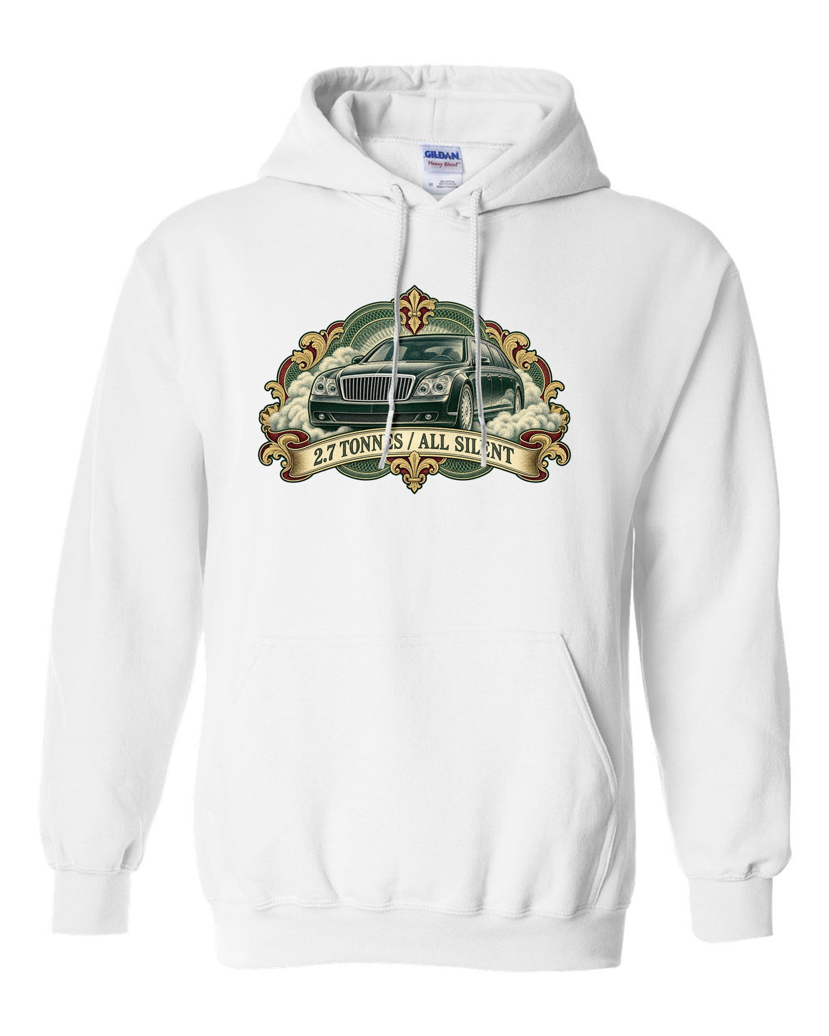Engraved banknote style etching of a Maybach 57 W240 with 2.7 Tonnes All Silent text white pull over hoodie front view with the design