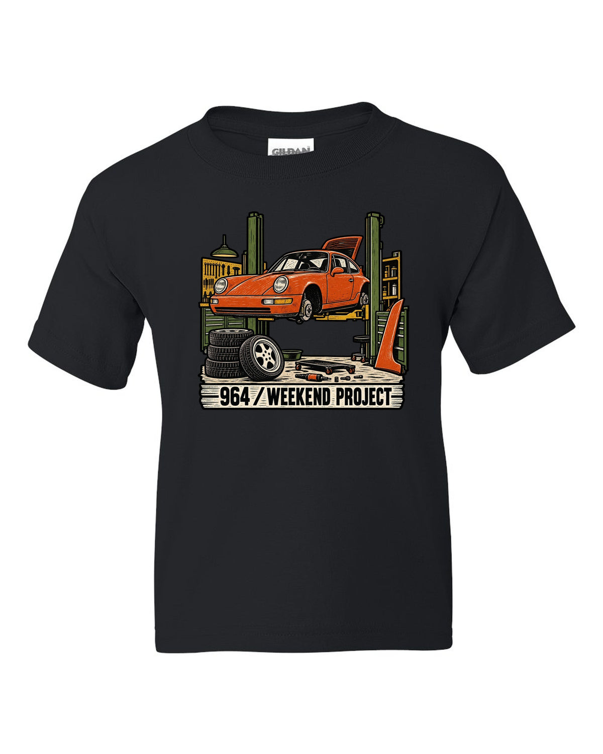 Linocut-style print of a Porsche 911 964 outlaw build with the text 964 Weekend Project black kids tee front view with the design