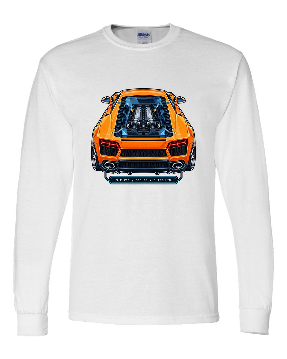 Patent-style technical drawing of a Lamborghini Gallardo LP560-4 with V10 under glass white long sleeve front view with the design
