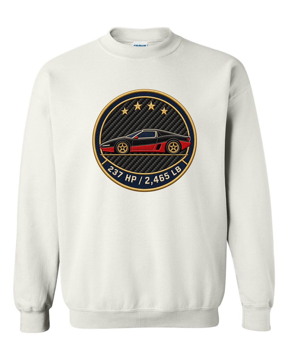 Embroidery style round crest for an Alfa Romeo 4C showing 237 HP and 2,465 LB white crewneck front view with the design