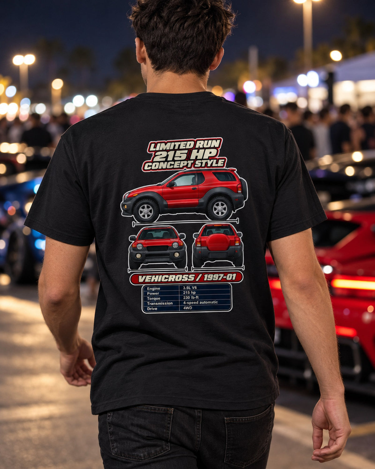 Isuzu Vehicross Spec Sheet Full-Back Graphic Tee T-Shirt Black worn hero