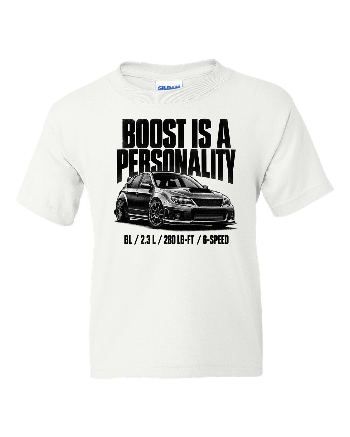 Halftone carbon print of a Mazdaspeed3 BL with boost lettering white kids tee front view with the design