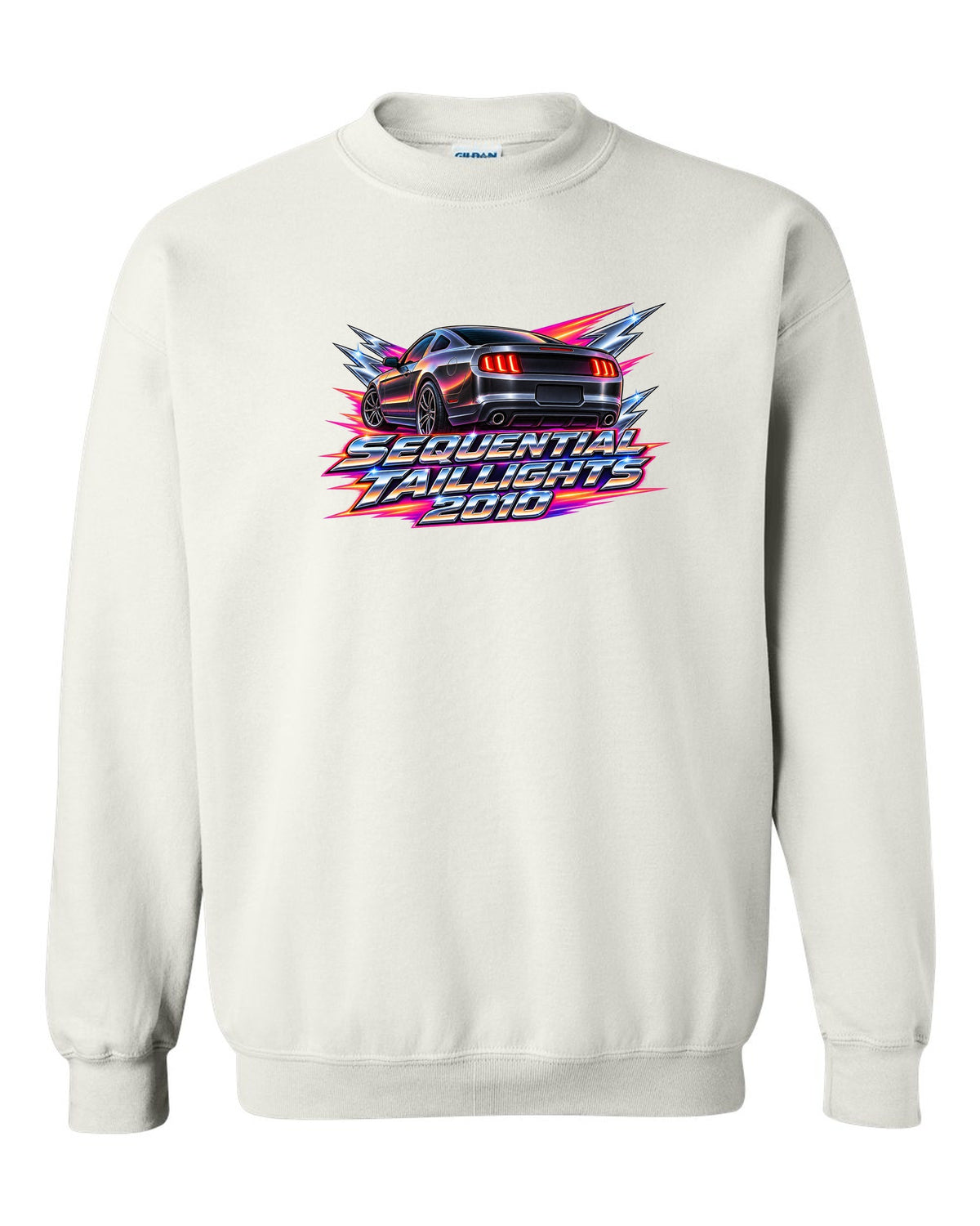 80s airbrush chrome 2005-2014 S197 Ford Mustang fastback with sequential taillights text white crewneck front view with the design