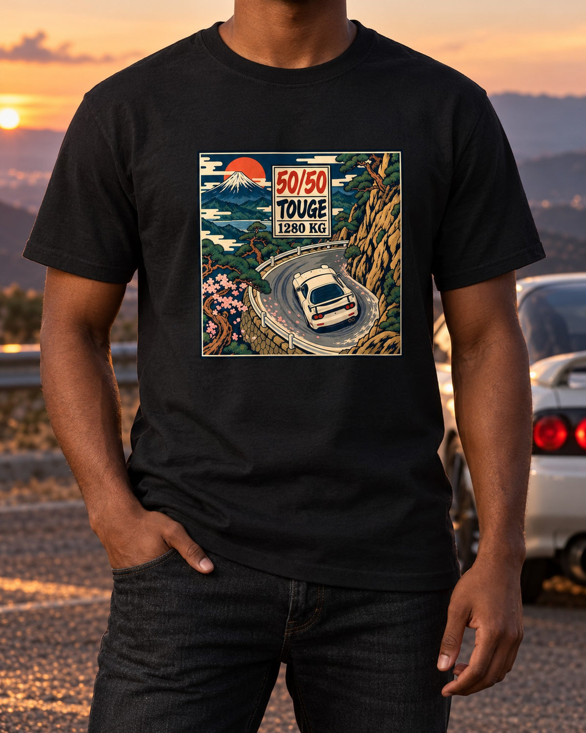 Mazda RX-7 FD3S and SA22C Hiroshima Dusk Lo-Fi Anime Shirt T-Shirt Black worn hero