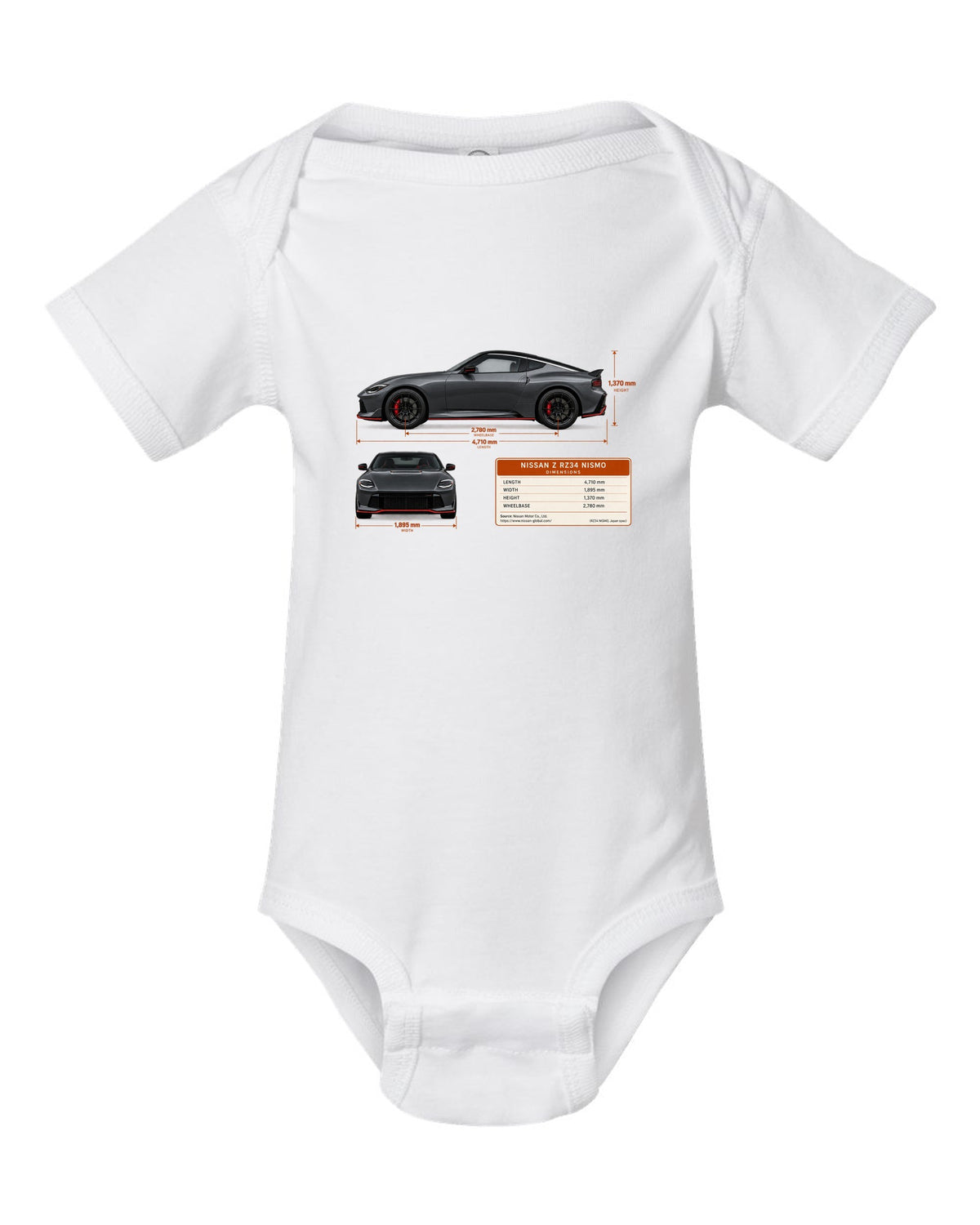 Orange 2024 Nissan Z RZ34 Sport rear view with taillight, ducktail lip and twin round tips white baby onesie front view with the design
