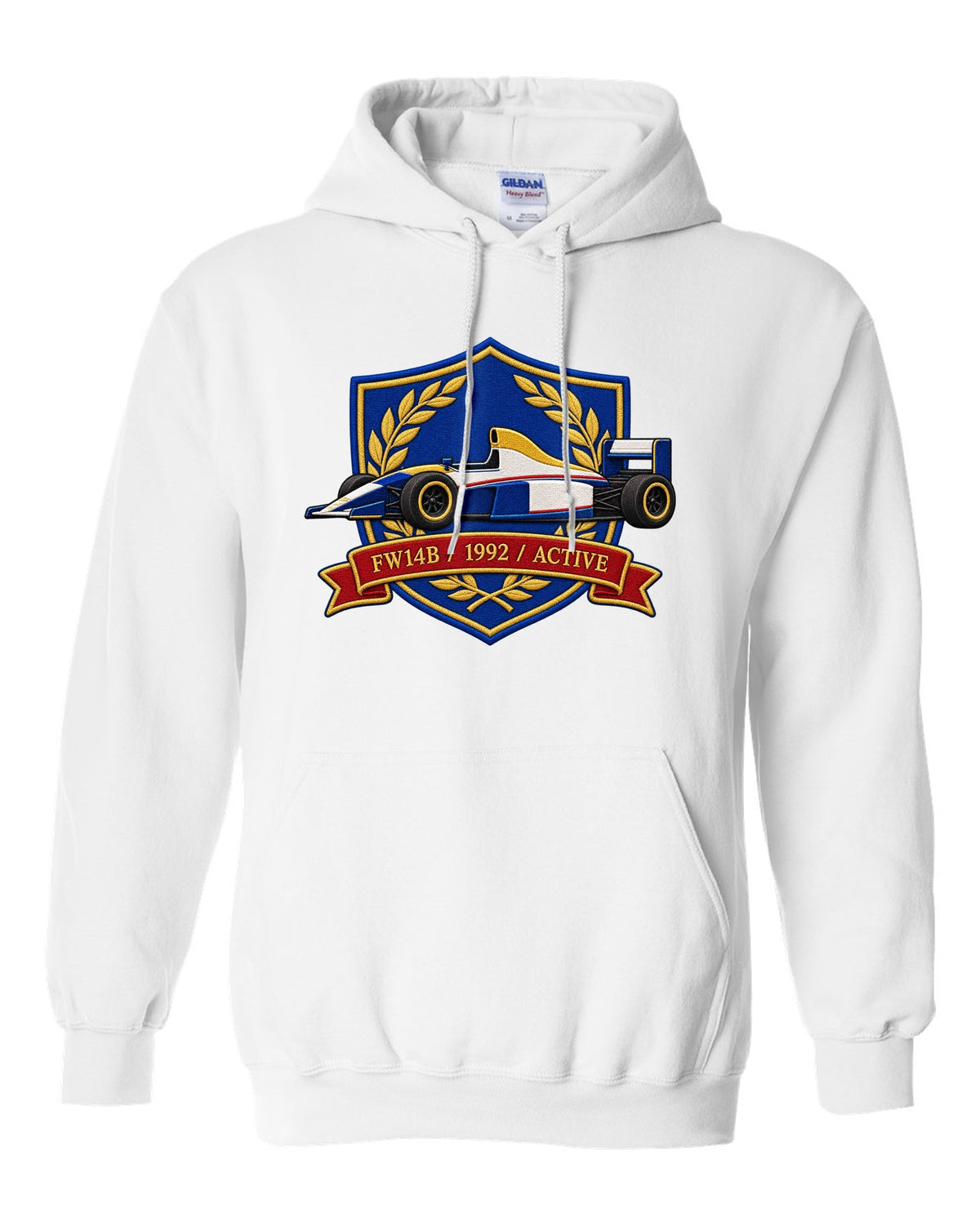 Varsity crest style Williams FW14B Formula 1 car with 1992 ACTIVE lettering white pull over hoodie front view with the design