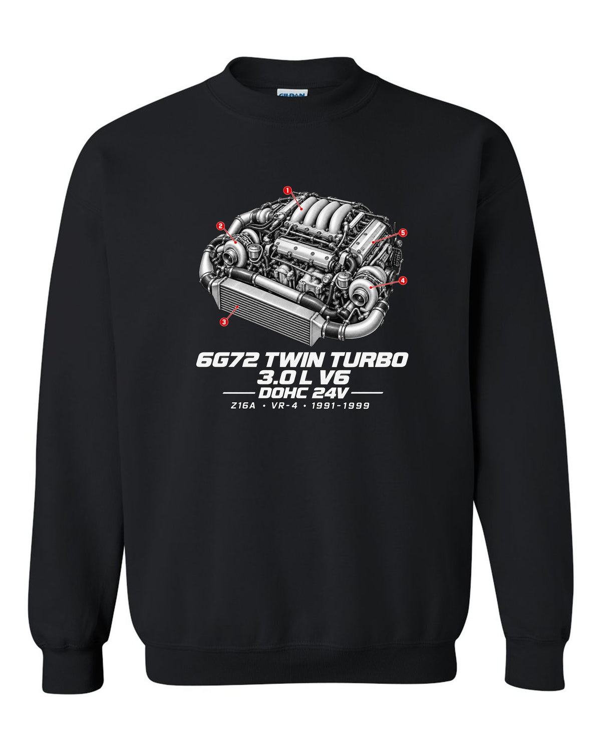 Mitsubishi 3000GT VR-4 Z16A engine bay with 6G72 twin turbo V6 specs black crewneck front view with the design