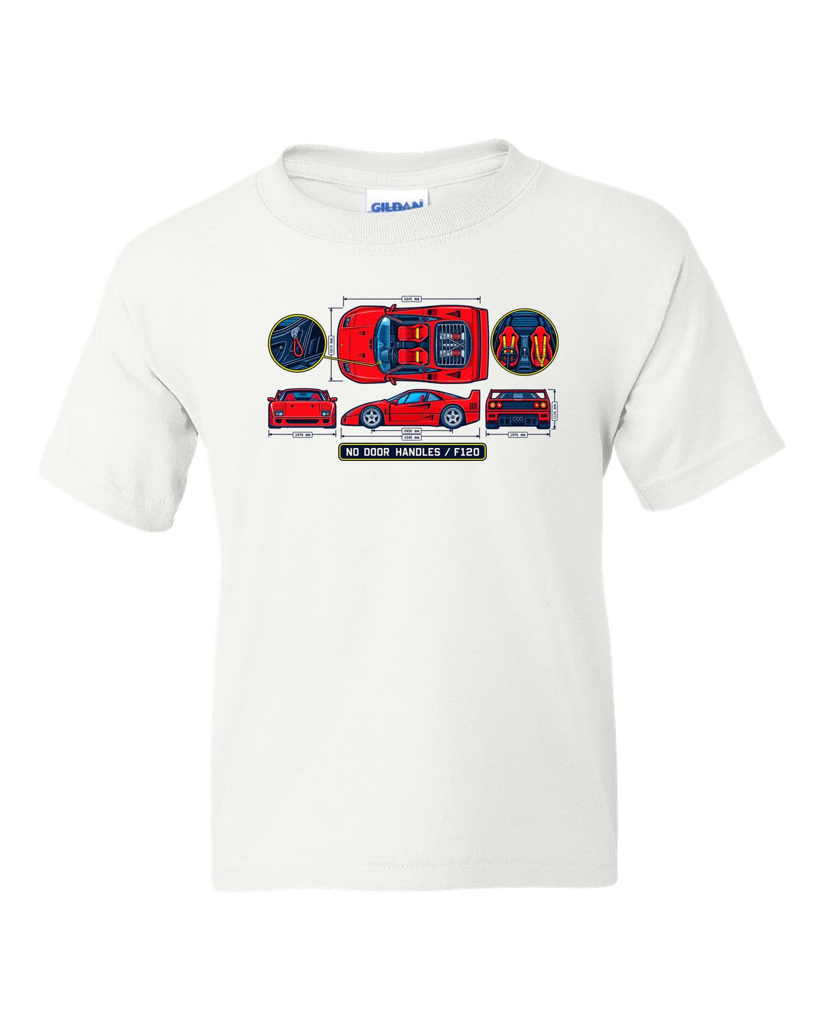 Technical blueprint print of a 1987 Ferrari F40 F120 cabin with no door handles text white kids tee front view with the design