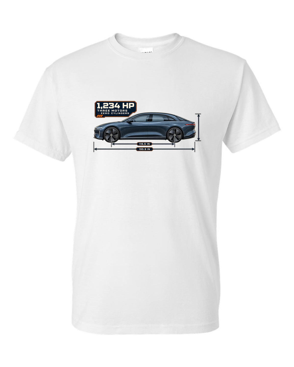 Dimension blueprint print of a Lucid Air Sapphire 2023 white t-shirt front view with the design