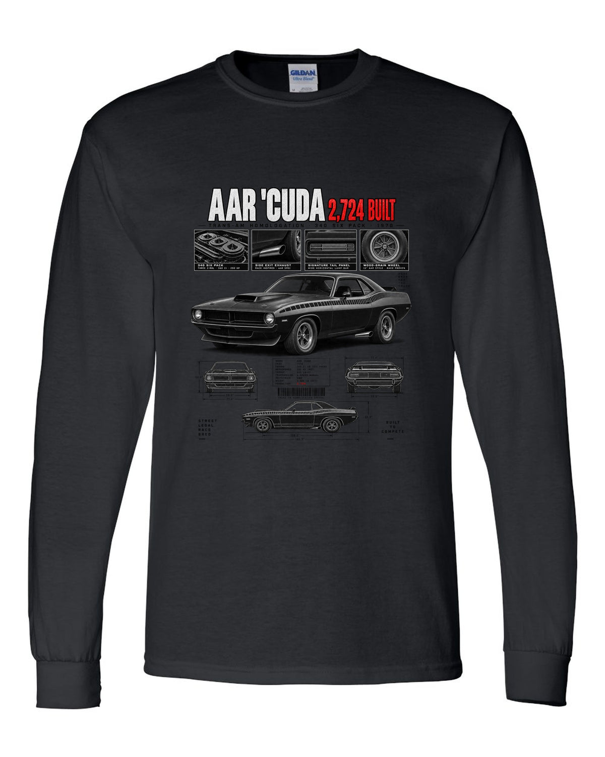 1970 Plymouth AAR Cuda E-body Dossier, 2,724 Built Tee black long sleeve front view with the design