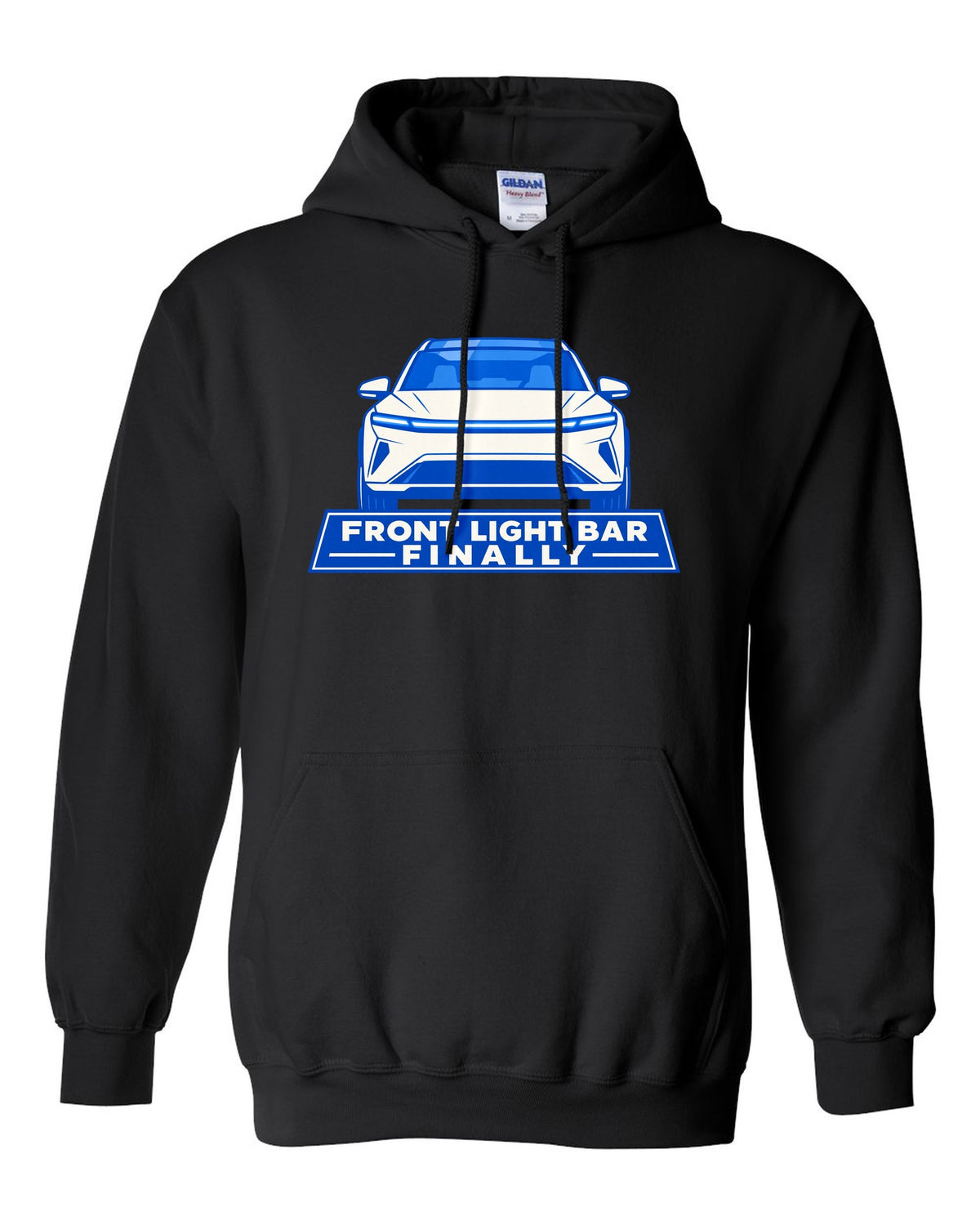Minimal geometric flat vector print of a Tesla Model Y Juniper with the text Front Light Bar Finally black pull over hoodie front view with the design