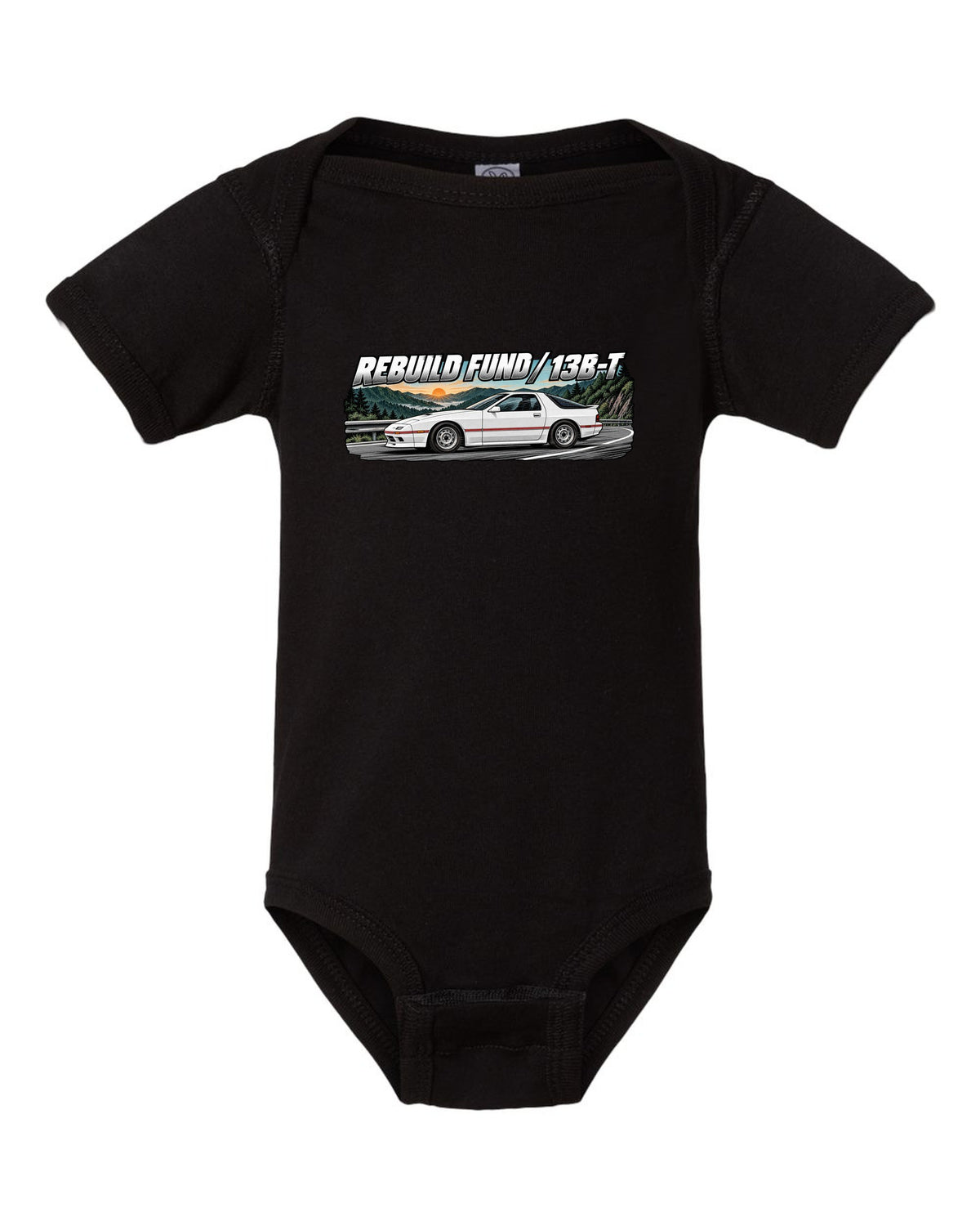 Retro manga ink and screentone illustration of a Mazda RX-7 FC3S black baby onesie front view with the design