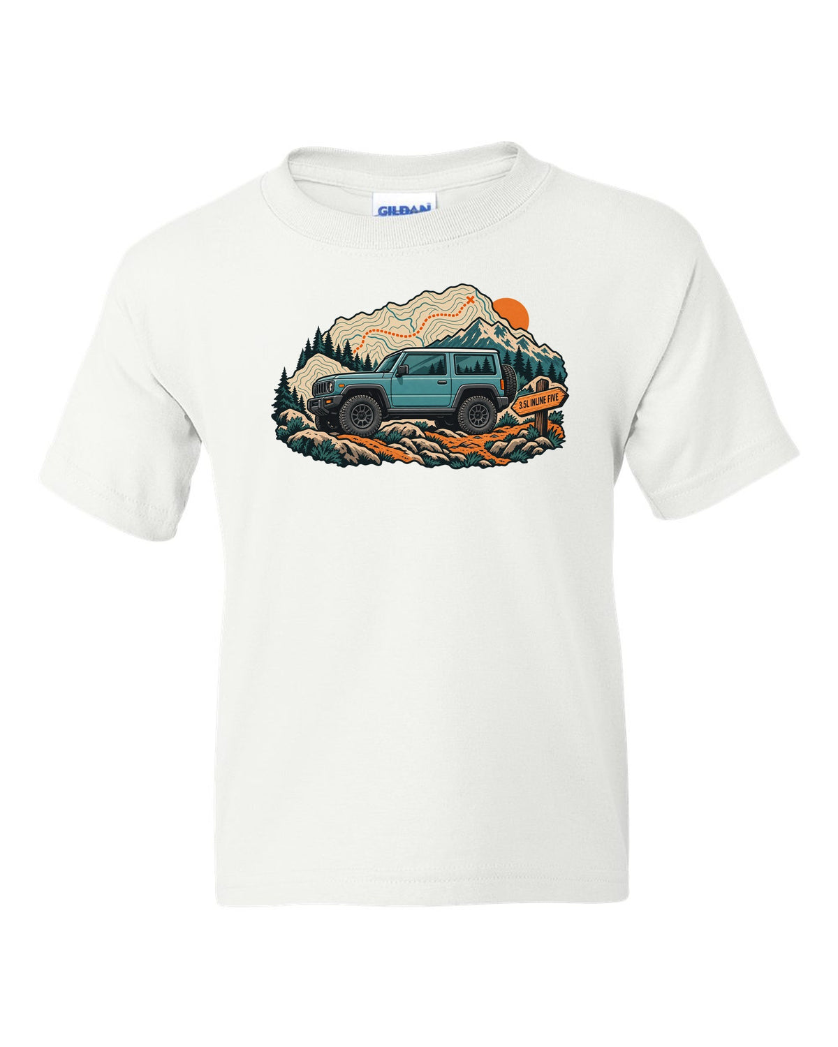 Topographic trail map print of a 2006-10 Hummer H3 with 3.5L inline five lettering white kids tee front view with the design