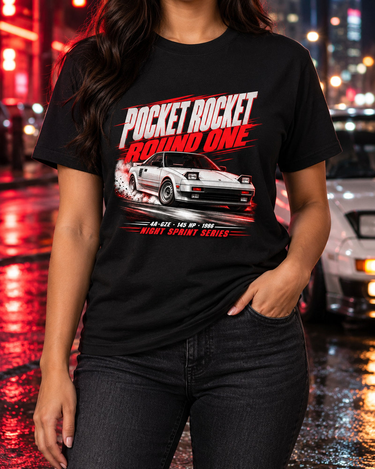 Pocket Rocket Race Poster Shirt, Supercharged Toyota MR2 AW11 T-Shirt Black worn hero