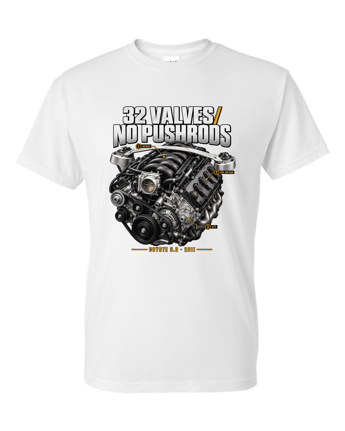 print of a Ford Mustang S197 GT 5.0 Coyote engine bay with callouts white t-shirt front view with the design