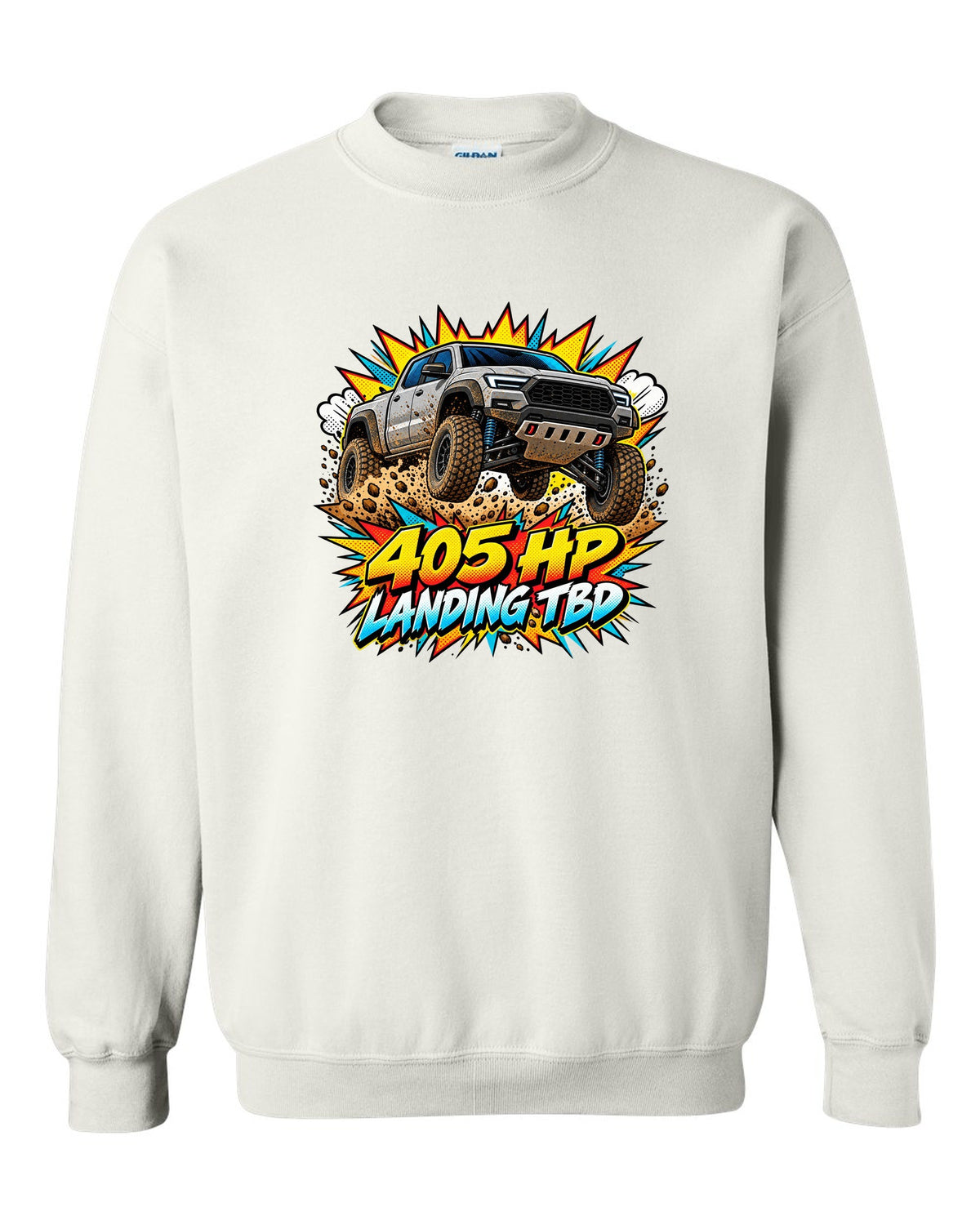 Ford Ranger Raptor P703 mid-jump in a comic pop-art burst print white crewneck front view with the design