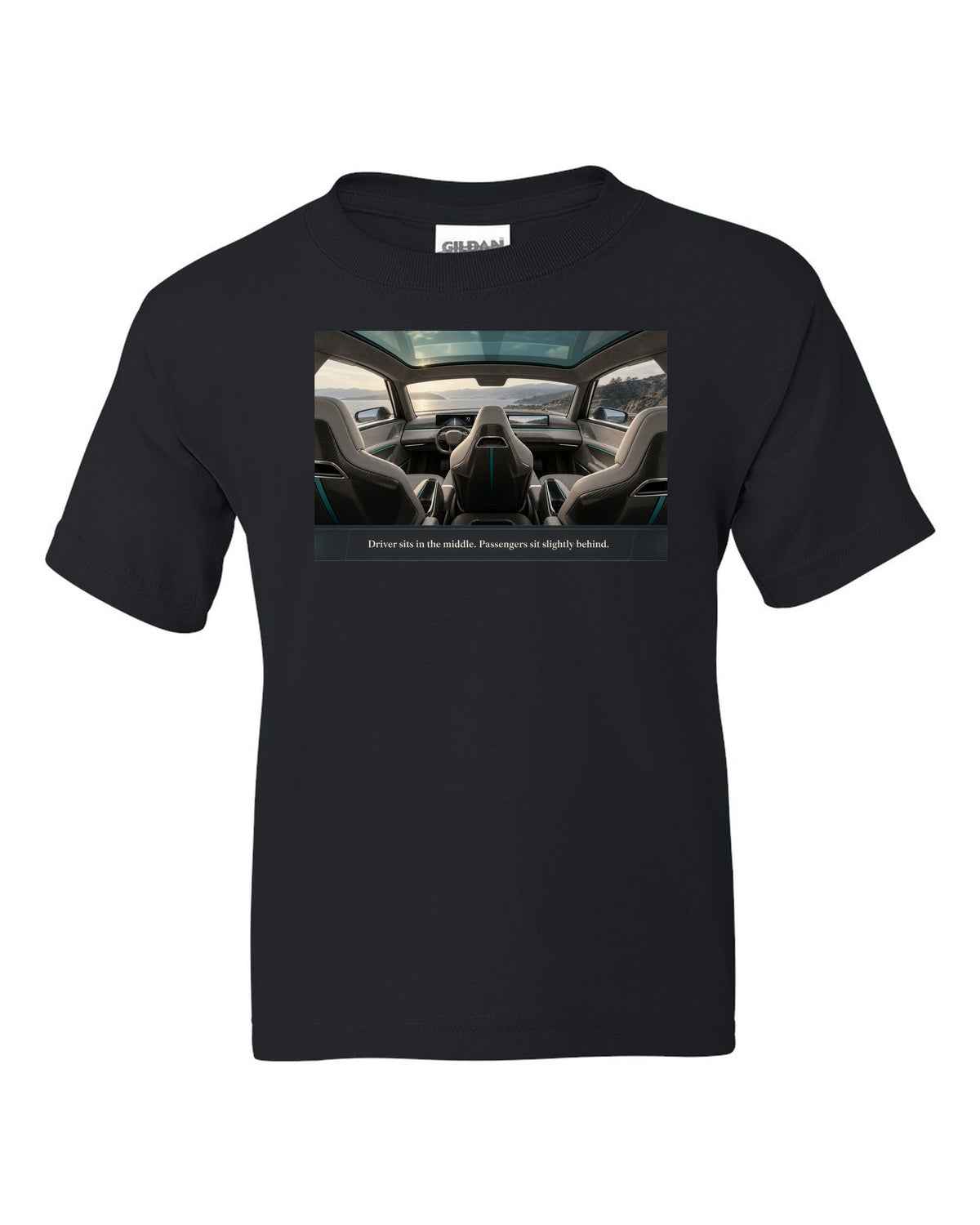 Cockpit print of a McLaren Speedtail interior with a centre driving seat black kids tee front view with the design