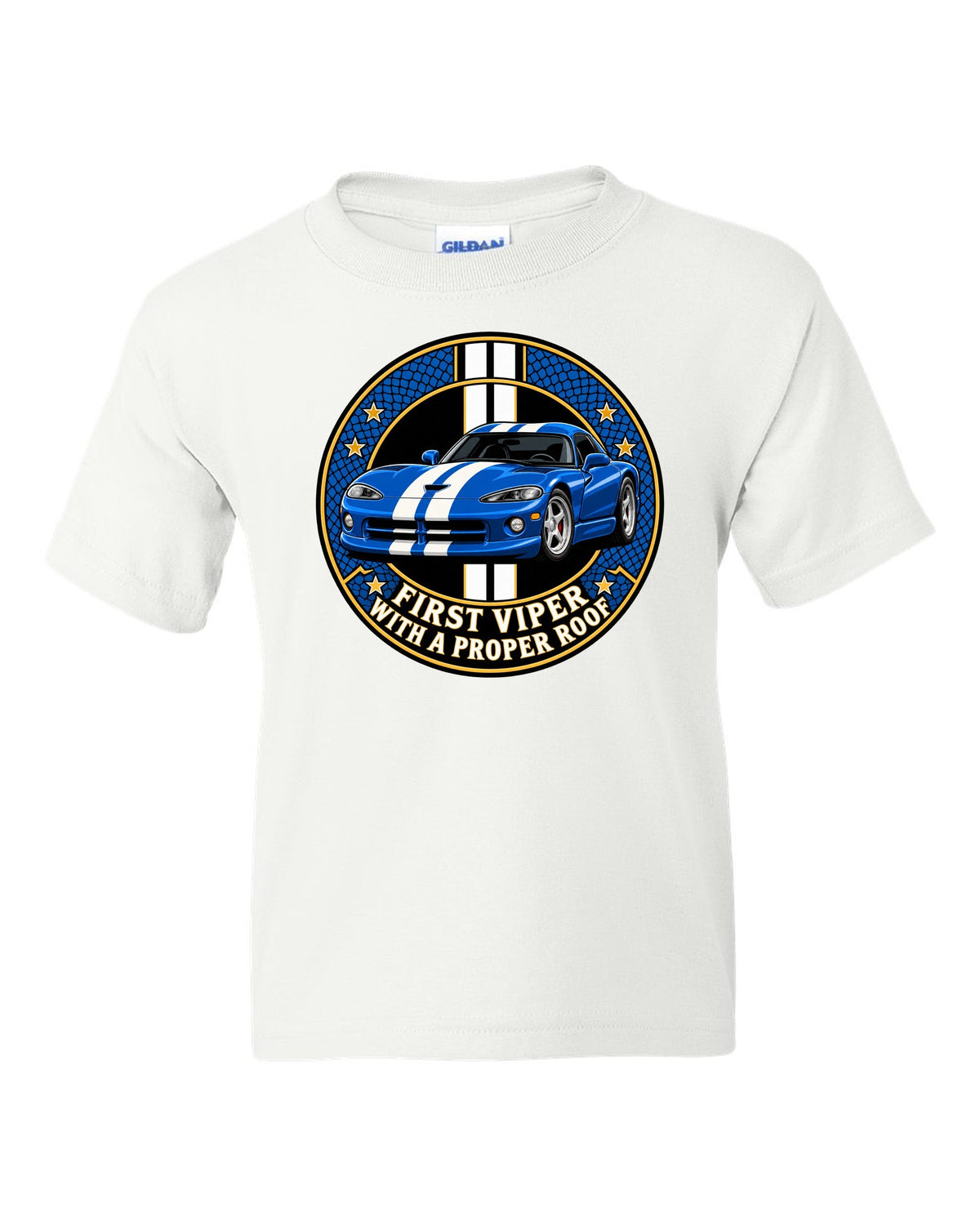 Original crest design print of a 1996 Dodge Viper GTS SR II with proper roof text white kids tee front view with the design
