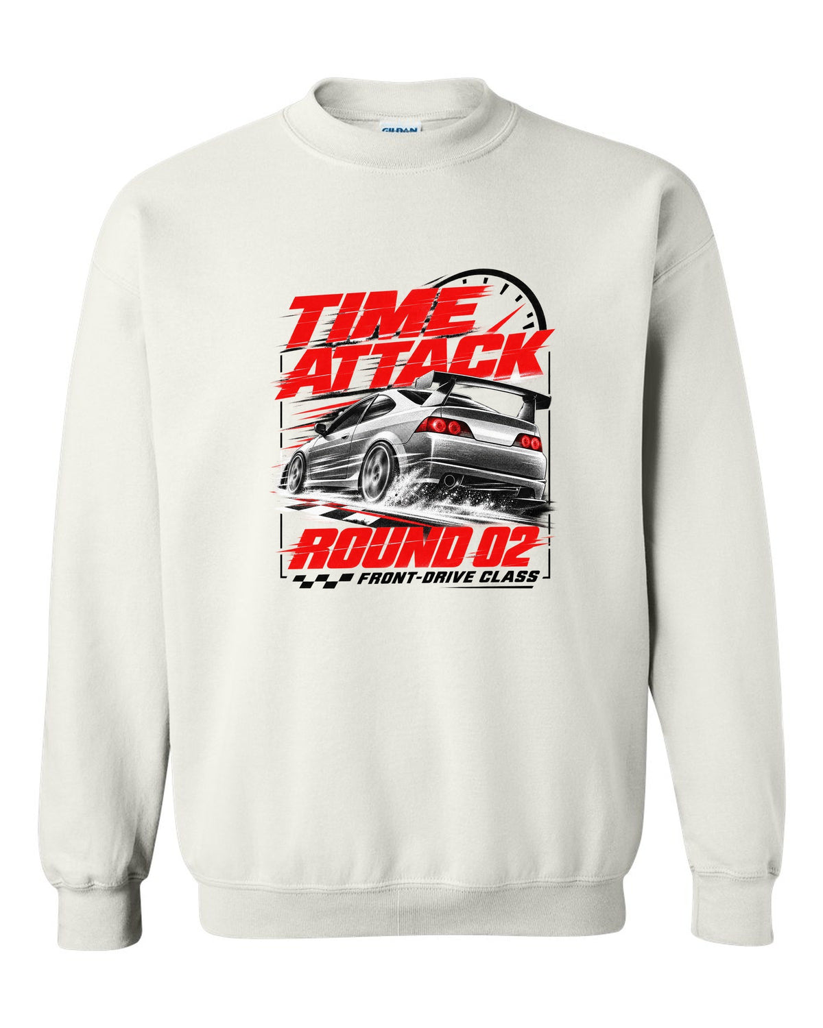 Honda Integra DC5 Type R race poster design for time attack round 02 front-drive class white crewneck front view with the design