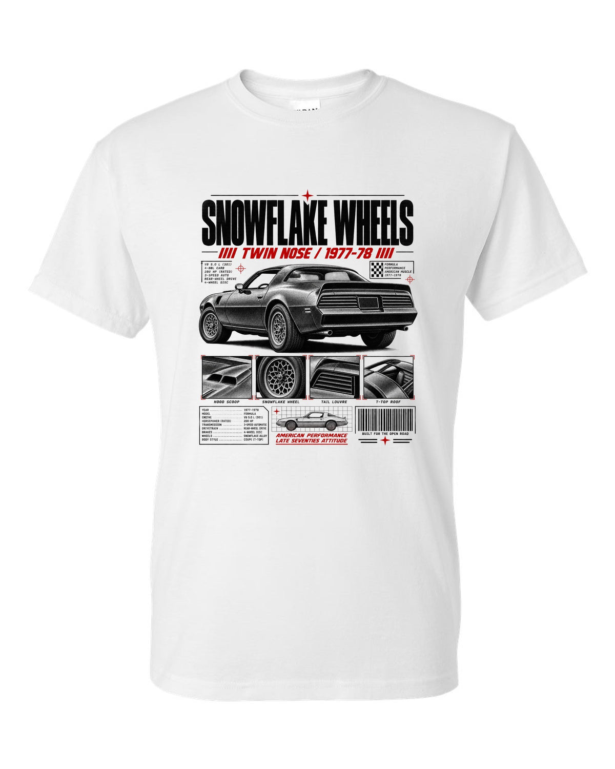 print dossier panels of a 1978 Pontiac Firebird Formula with snowflake wheels white t-shirt front view with the design