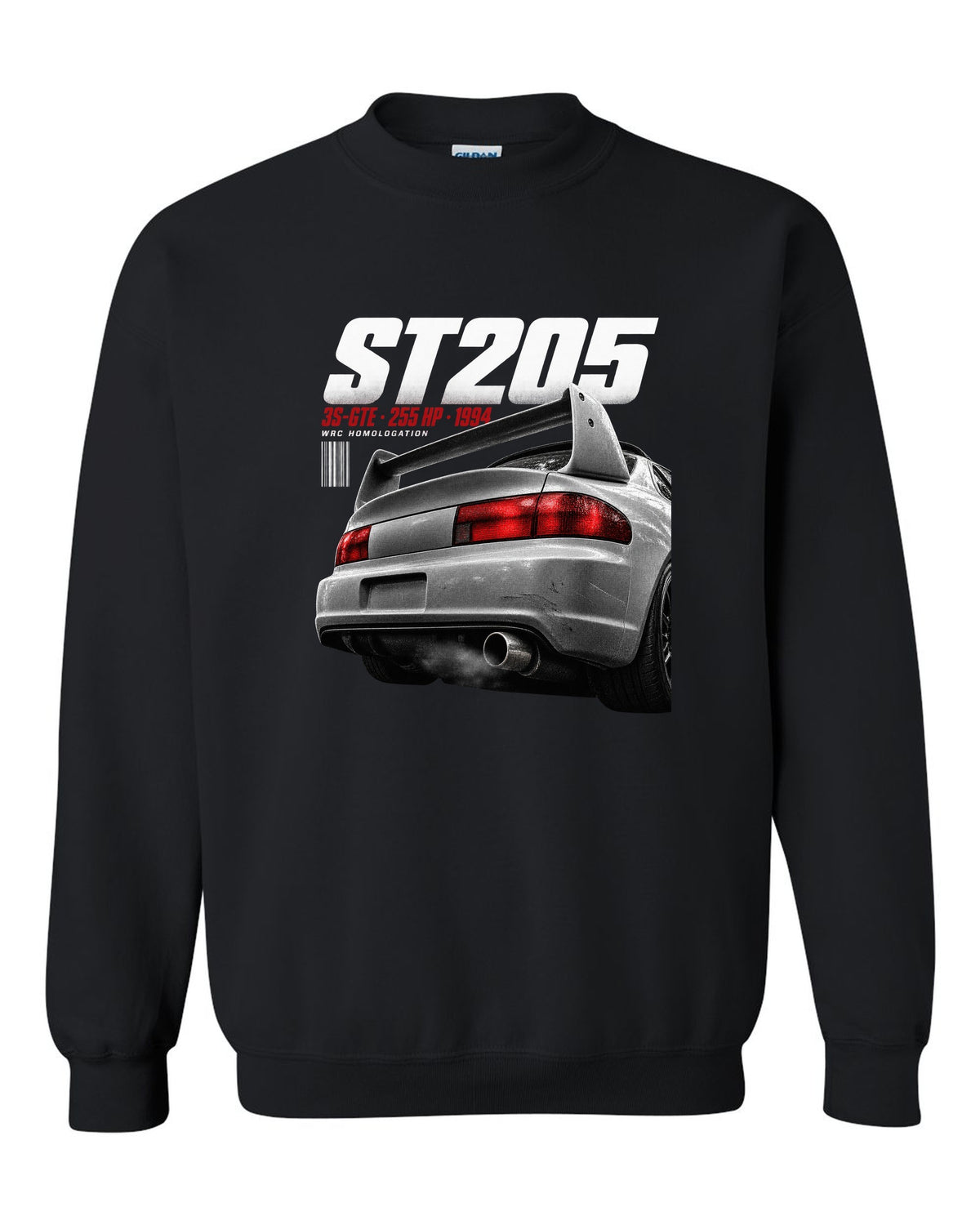 Macro detail of the Toyota Celica GT-Four ST205 rear wing with 3S-GTE text black crewneck front view with the design