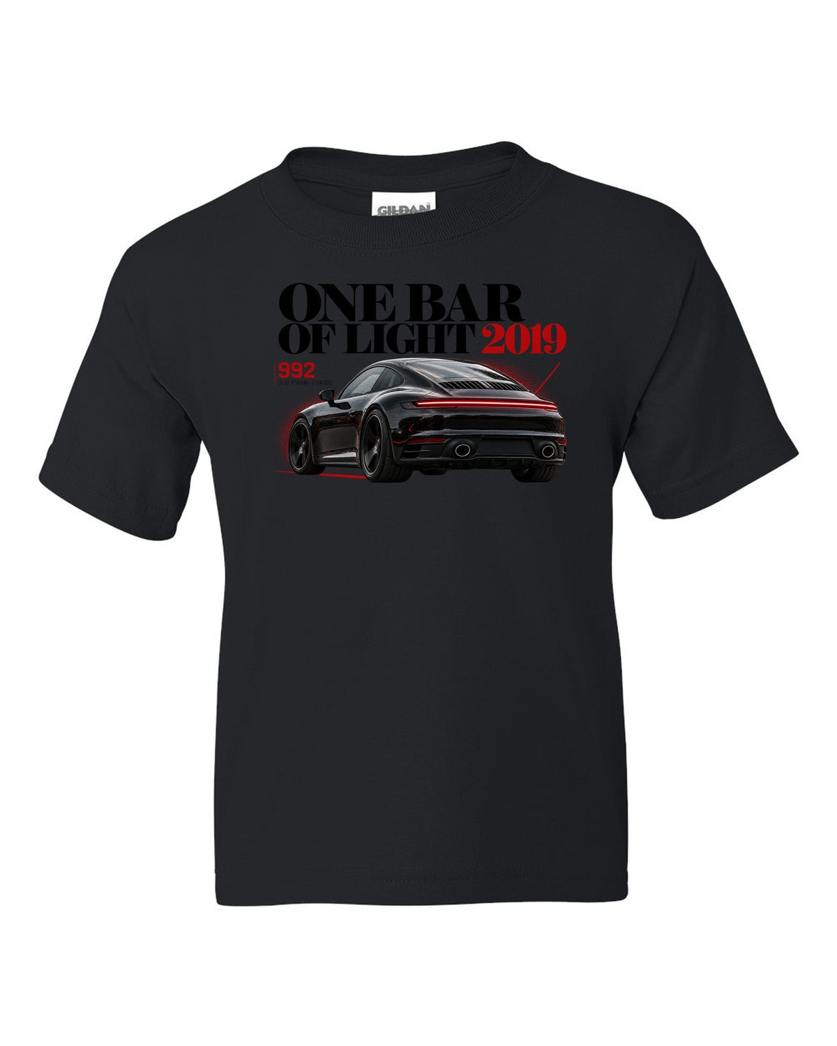 Editorial headline print of a Porsche 911 Carrera S 992 with One Bar Of Light caption black kids tee front view with the design