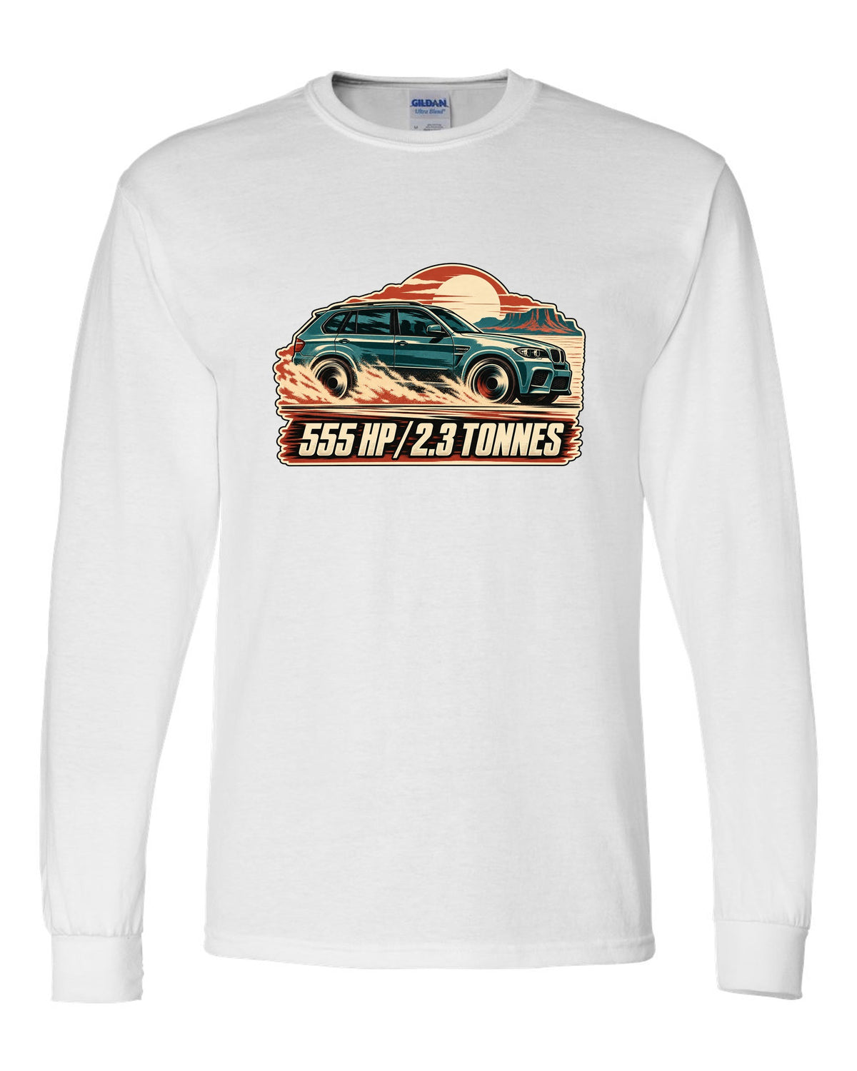 Vintage race poster print of a BMW X5 M E70 with 555 HP lettering white long sleeve front view with the design
