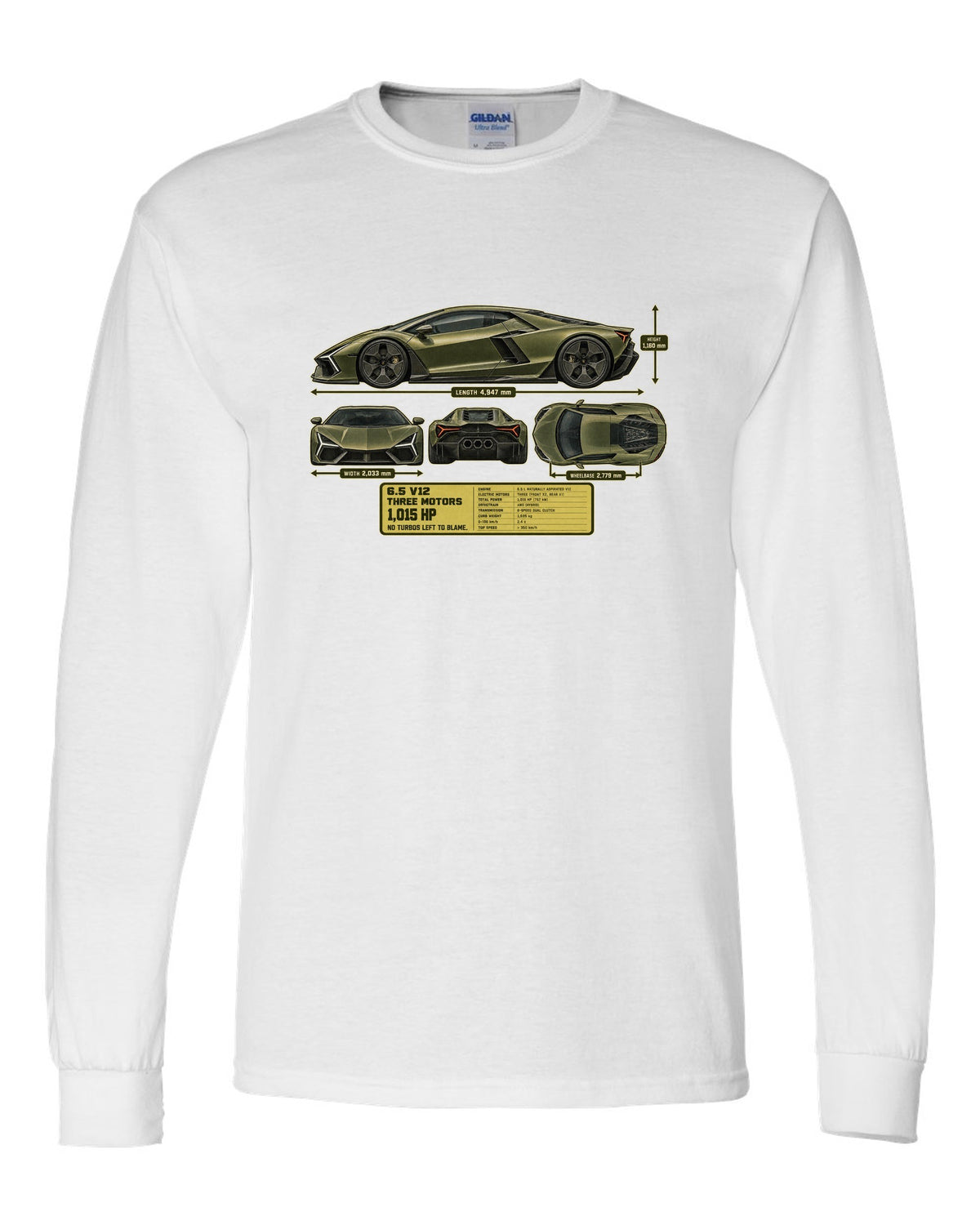 print dimension blueprint of a Lamborghini Revuelto in olive-grey white long sleeve front view with the design