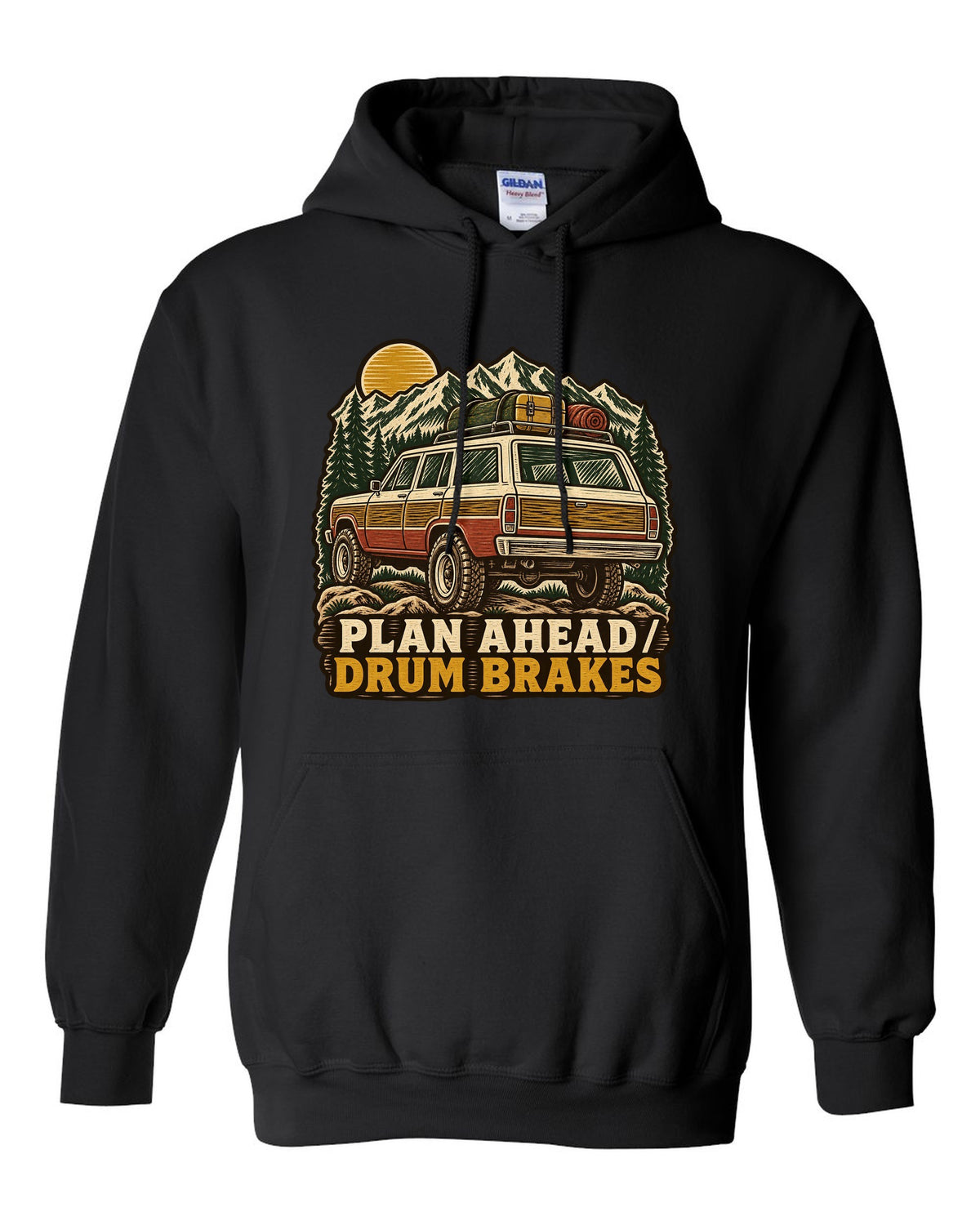 Linocut woodcut of a Toyota Land Cruiser FJ55 with Plan Ahead Drum Brakes lettering black pull over hoodie front view with the design