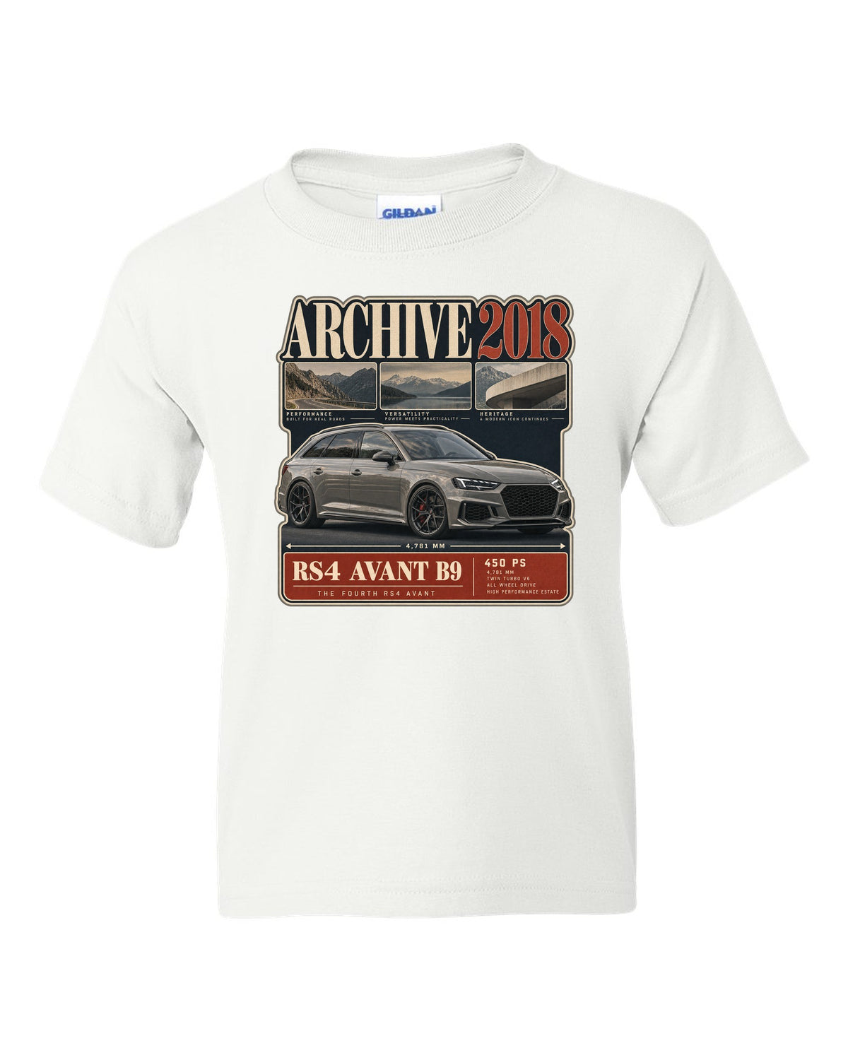 Audi RS4 Avant B9 archive panel print marked 2018 with 450 PS white kids tee front view with the design
