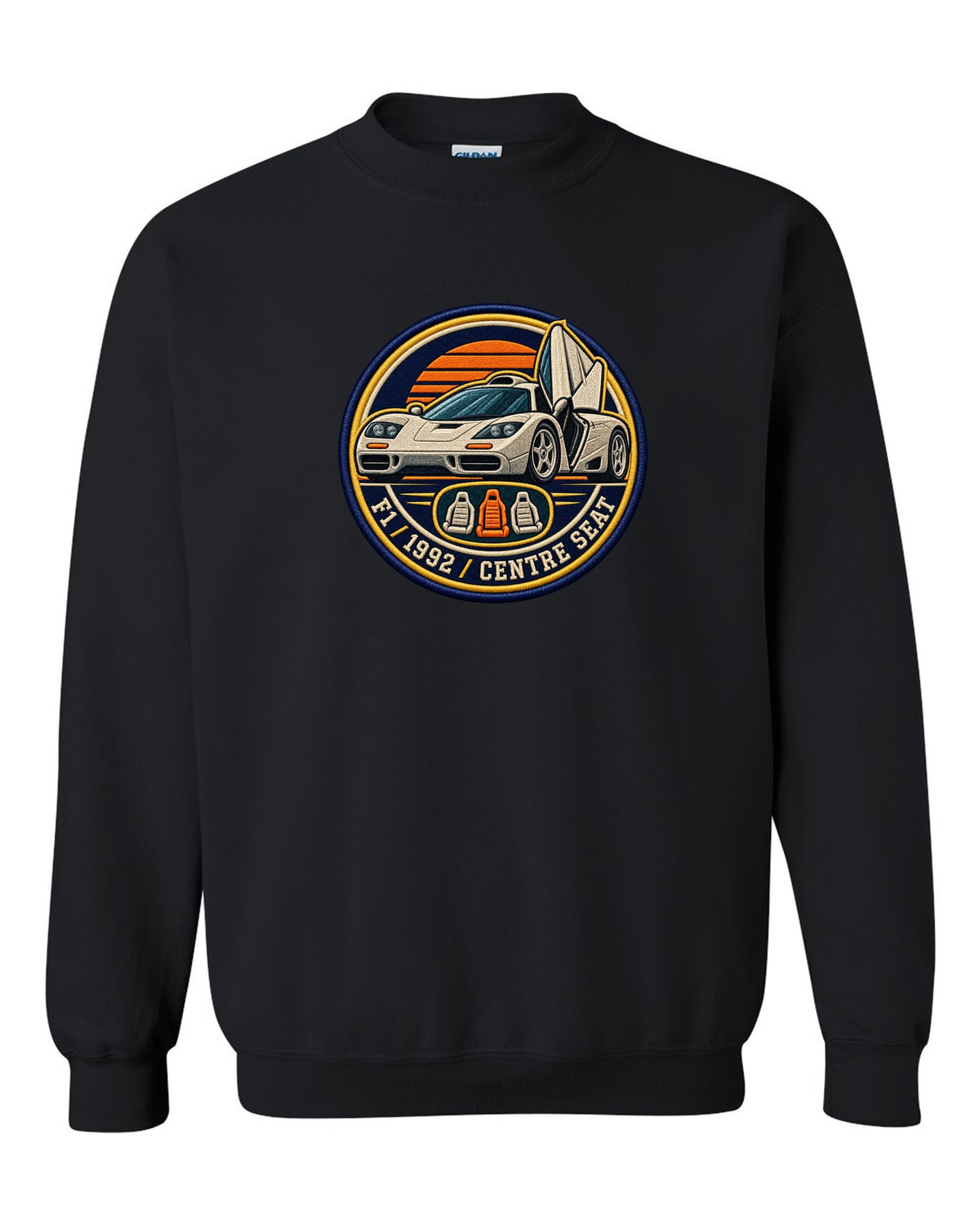 Embroidery varsity crest print for the McLaren F1 with F1, 1992 and Centre Seat lettering black crewneck front view with the design