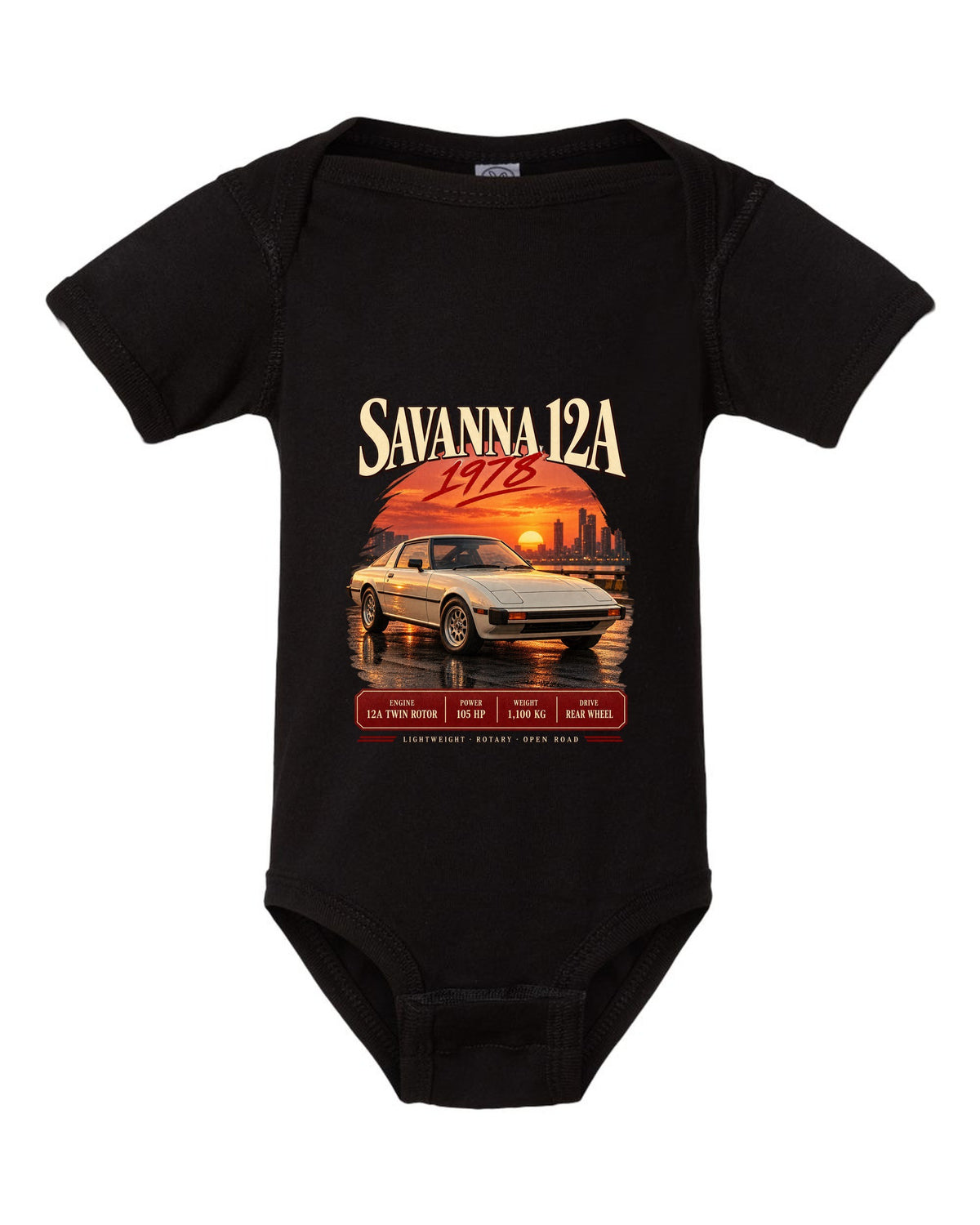 Archive panel print for the Mazda RX-7 SA22C 1978-85 with Savanna 12A and 1,100 kg details black baby onesie front view with the design