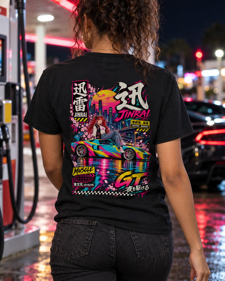 JINRAI GT Anime Girl Full-Back Graphic Tee T-Shirt Black worn hero