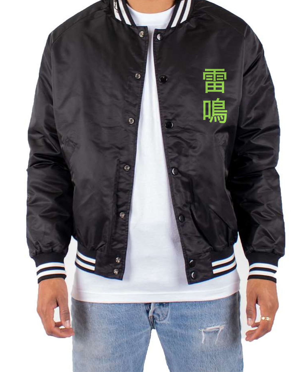 black bomber jacket front view with small kanji mark