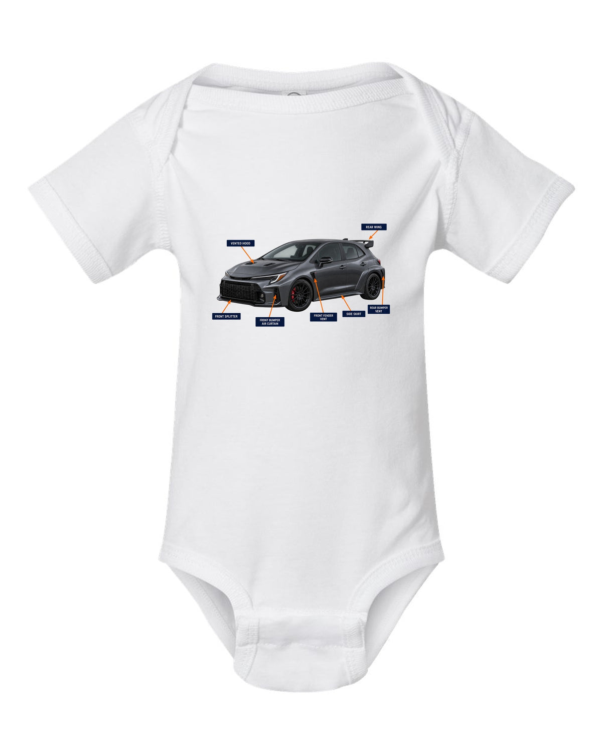 Toyota GR Corolla Circuit Edition chback with aero cutaway callouts and G16E-GTS text white baby onesie front view with the design