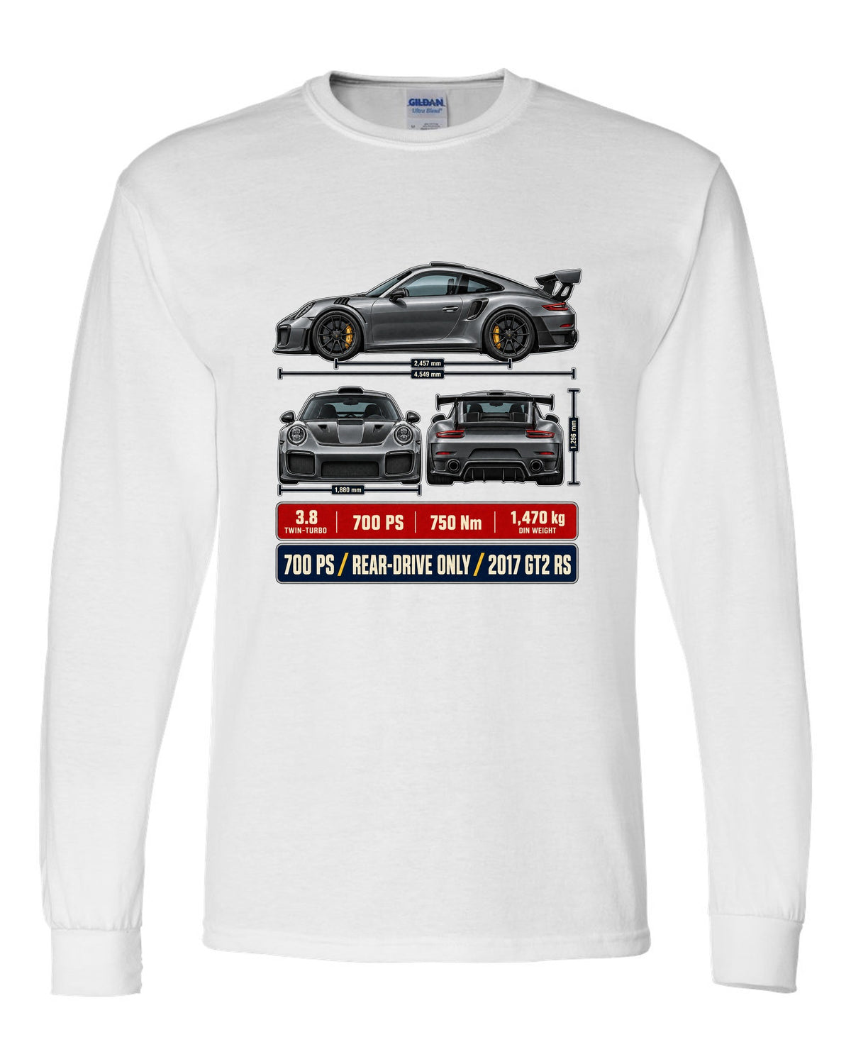 Porsche 911 GT2 RS 991.2 three-view dossier print design white long sleeve front view with the design
