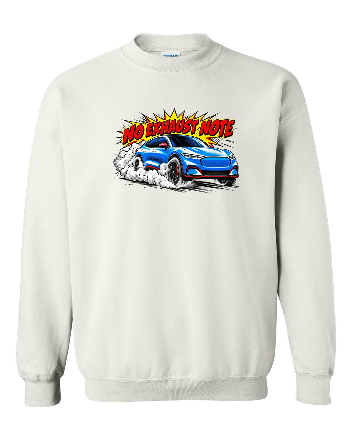 Comic halftone pop-art print of a 2020 Mustang Mach-E CX727 burnout reading No Exhaust Note white crewneck front view with the design