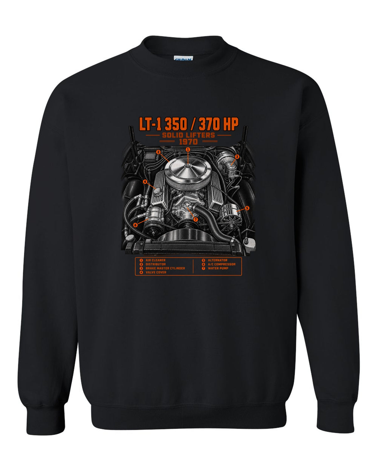 Chevrolet Corvette C3 Stingray 1970 LT-1 350 engine print black crewneck front view with the design