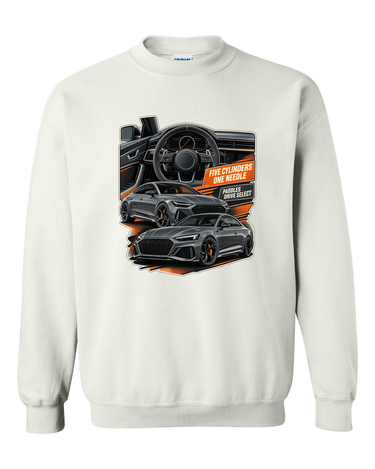Interior and gauge cluster print of an Audi RS3 8Y white crewneck front view with the design