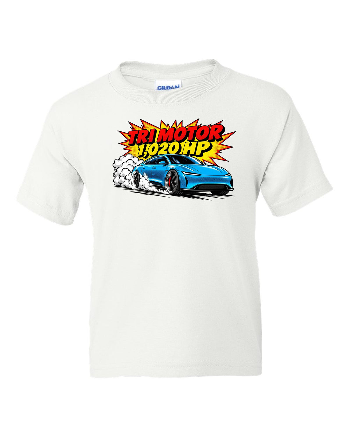 Comic halftone pop-art of a 2021 Tesla Model S Plaid with the words Tri Motor 1,020 HP white kids tee front view with the design