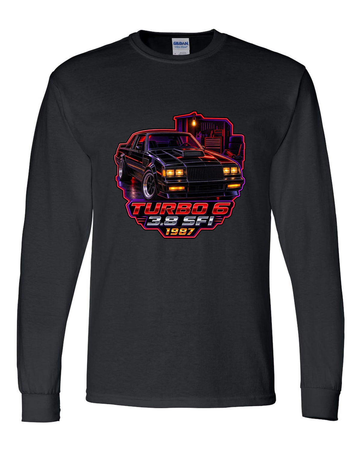 1987 Buick Regal turbo coupe in a neon-lit night garage black long sleeve front view with the design