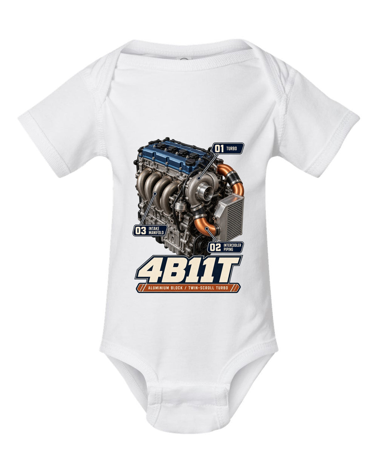Mitsubishi Lancer Evolution X 4B11T engine bay poster print white baby onesie front view with the design