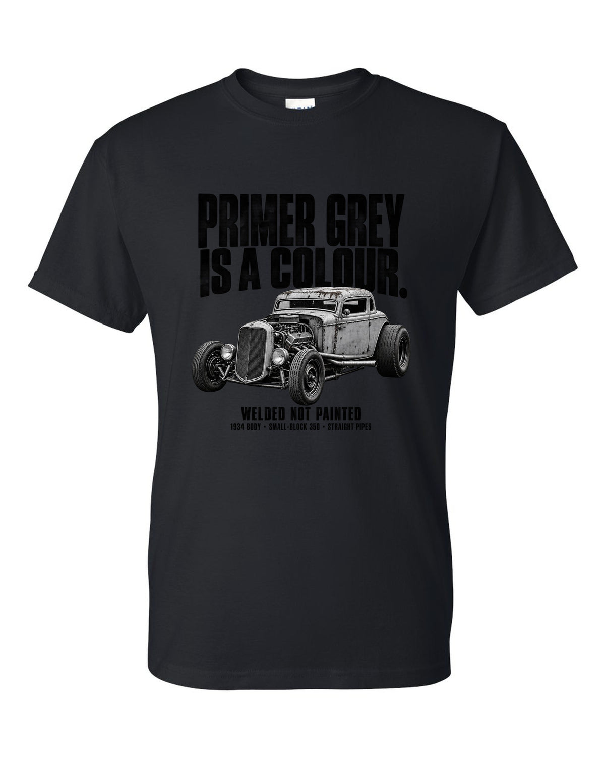 Halftone print of a primer grey 1934-style rat rod coupe black t-shirt front view with the design