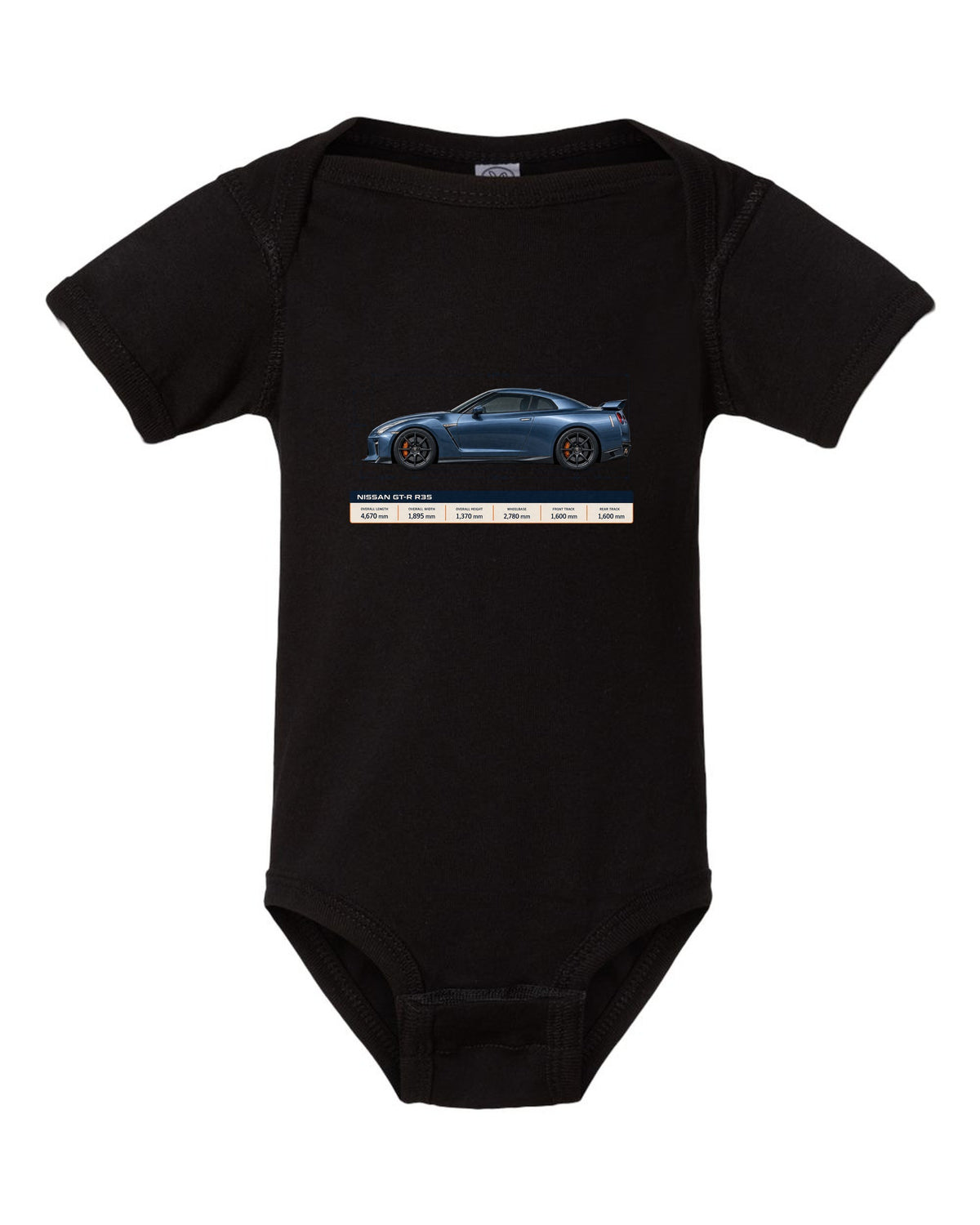 Nissan GT-R R35 Premium in gunmetal grey with an editorial headline layout black baby onesie front view with the design