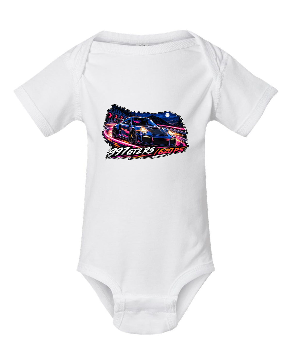 Cel-shaded anime night touge design featuring the Porsche 997 GT2 RS with 620 PS lettering white baby onesie front view with the design