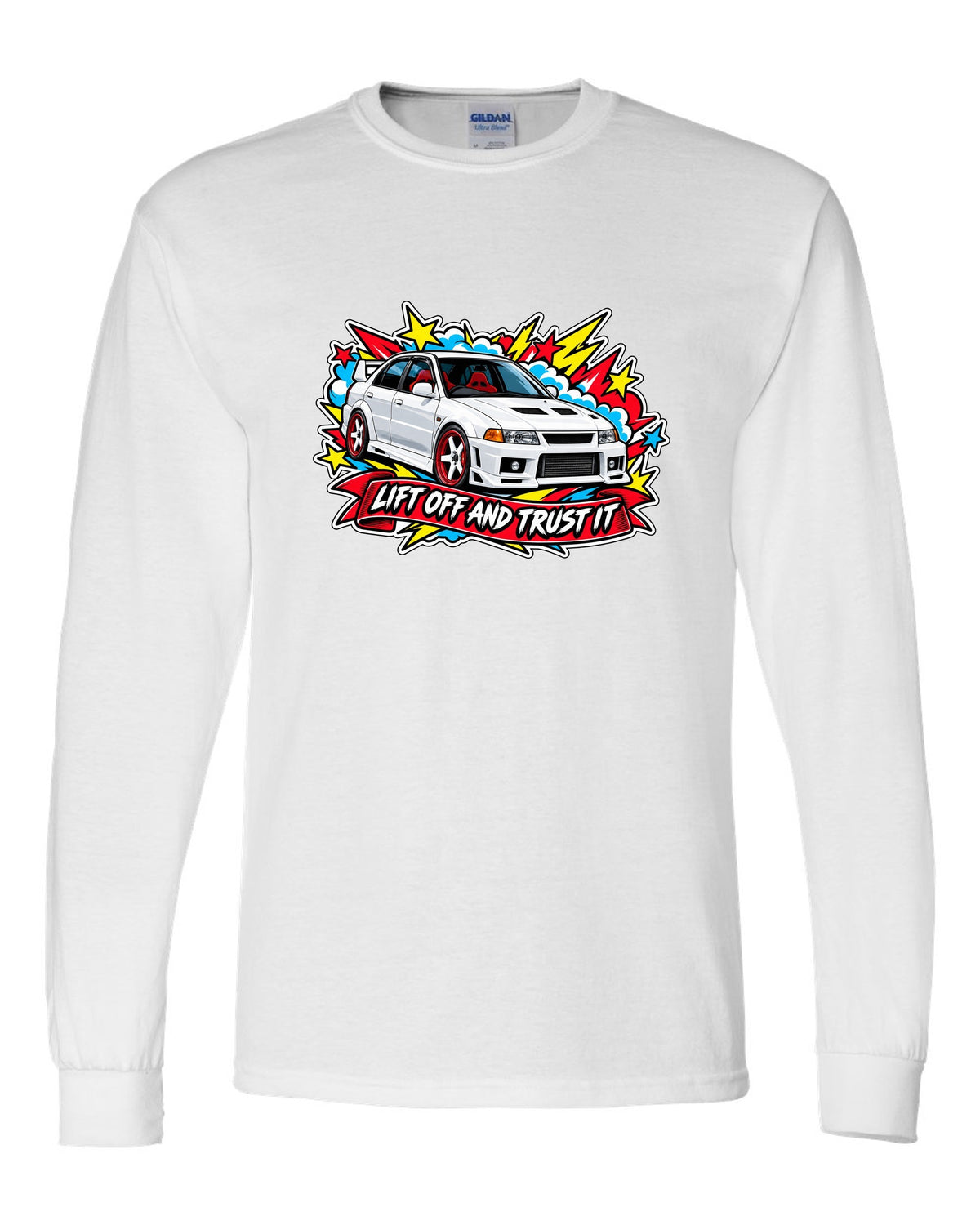 Sticker-bomb collage print for the Mitsubishi Evo VI CP9A with the text lift off and trust it white long sleeve front view with the design