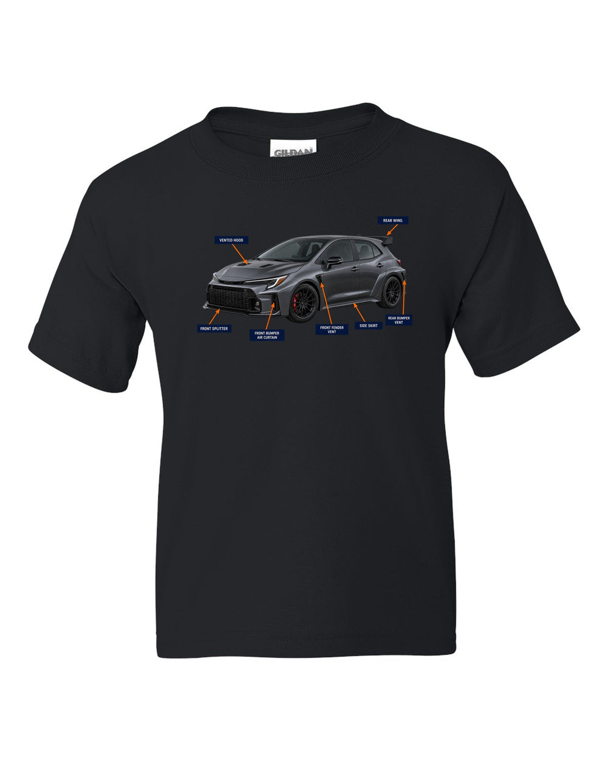 Toyota GR Corolla Circuit Edition chback with aero cutaway callouts and G16E-GTS text black kids tee front view with the design