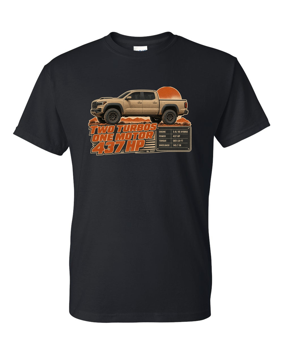Toyota Tundra TRD Pro i-FORCE MAX hybrid spec poster design black t-shirt front view with the design